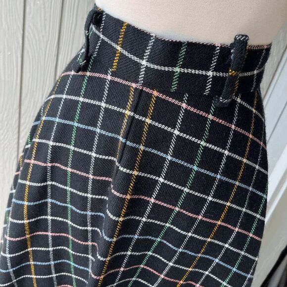 VTG 50s Full Circle Maxi Skirt w/ Pastel Plaid Lines on Black Wool Blend - Picture 3 of 14